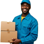 un livreur heureux tenant des colis
